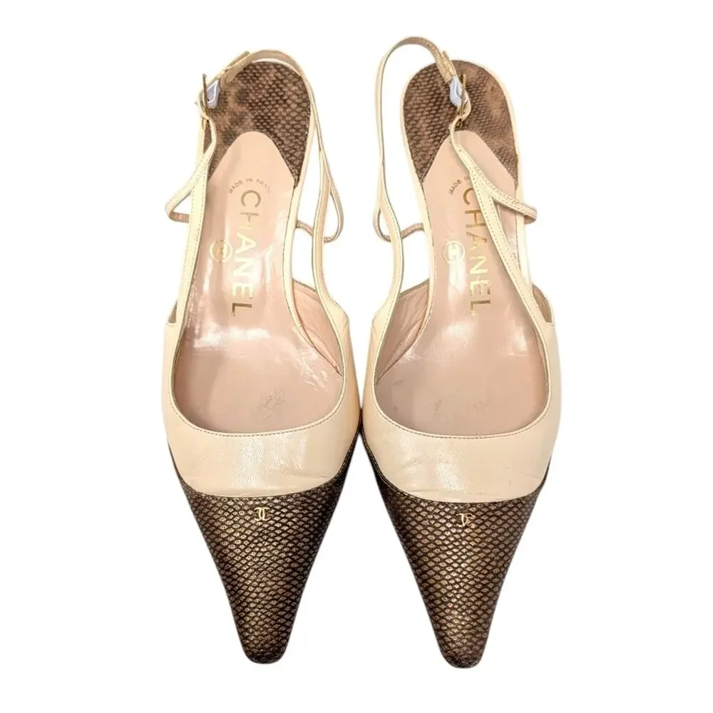 Chanel Vintage Pointed Toe Slingback Kitten Heel Beige Brown CC Logo 36.5 | 6